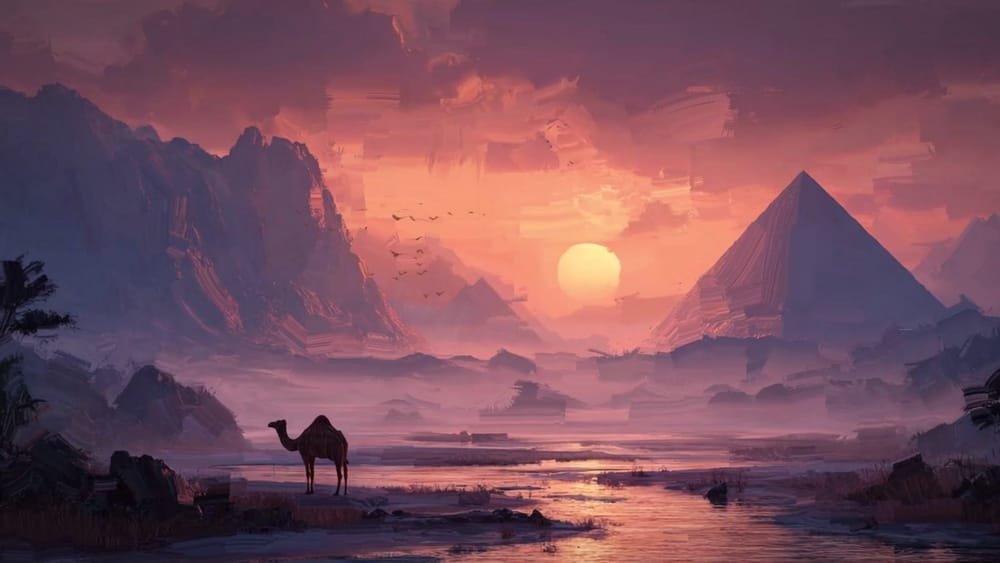 A painted sunset over a river, with a pyramid and a camel. From Blue Nile Stories.