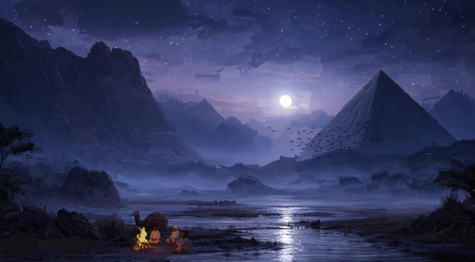 A painted night landscape: a pyramid under the moon, mountains, a river, and people around a fire on the bank. From the opening of Blue Nile Stories.